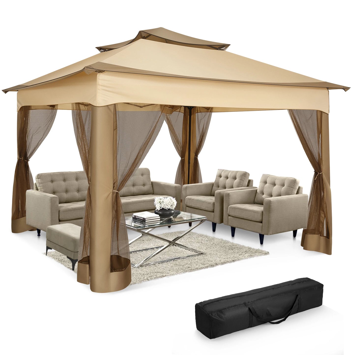 Pop Up Gazebo 12x12 Backyard Canopy Tent with Mosquito Netting Steel Frame Portable Event Shelter
