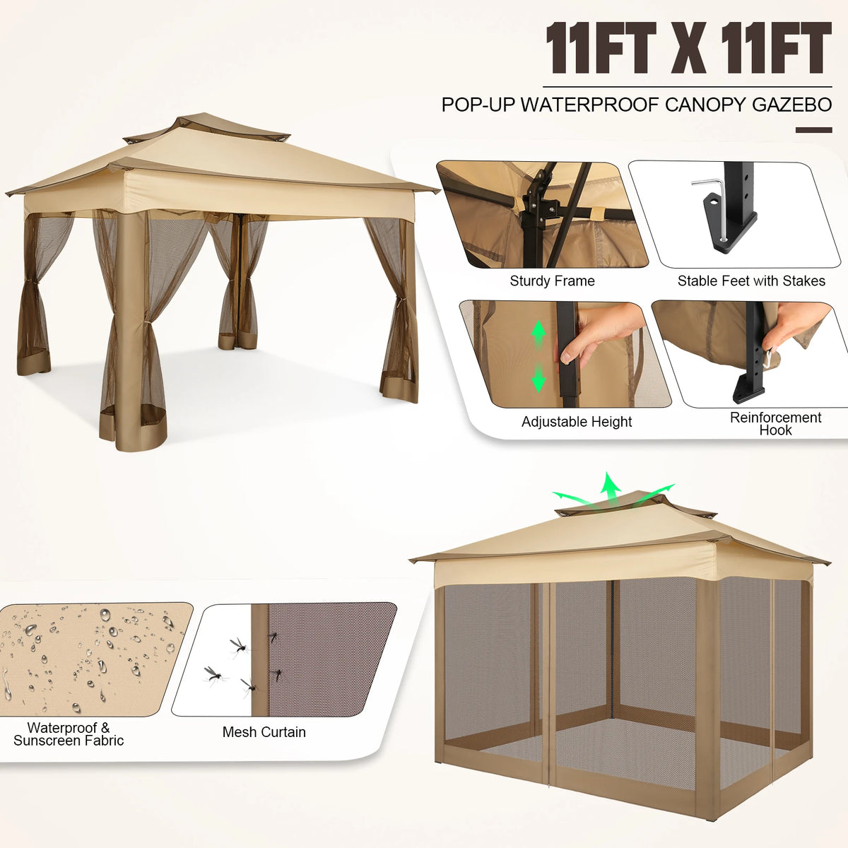 Pop Up Gazebo 12x12 Backyard Canopy Tent with Mosquito Netting Steel Frame Portable Event Shelter