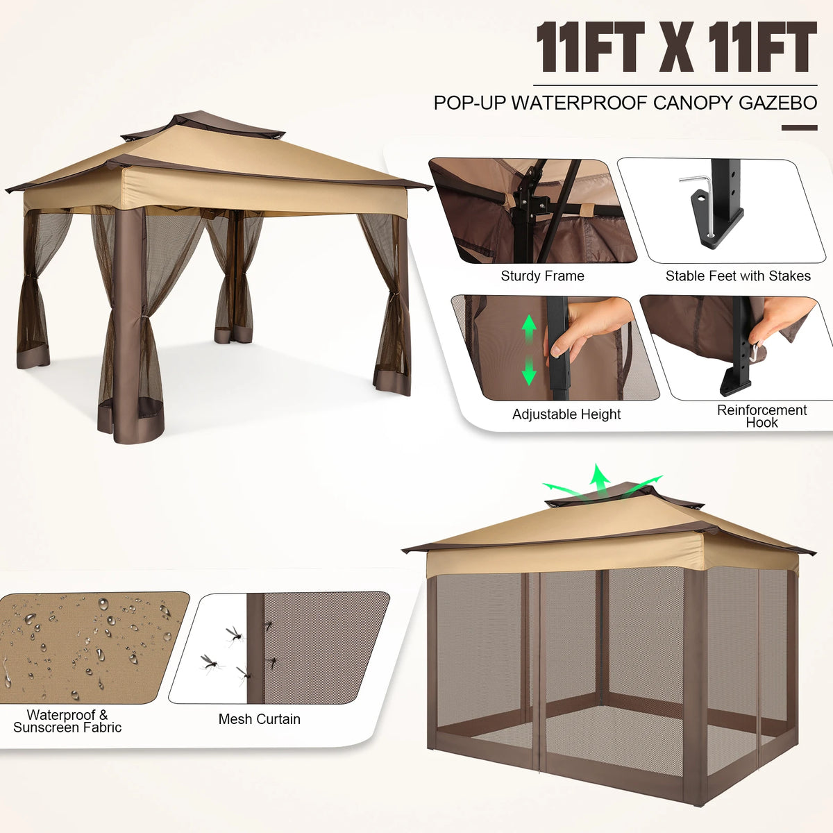 Pop Up Gazebo 12x12 Backyard Canopy Tent with Mosquito Netting Steel Frame Portable Event Shelter