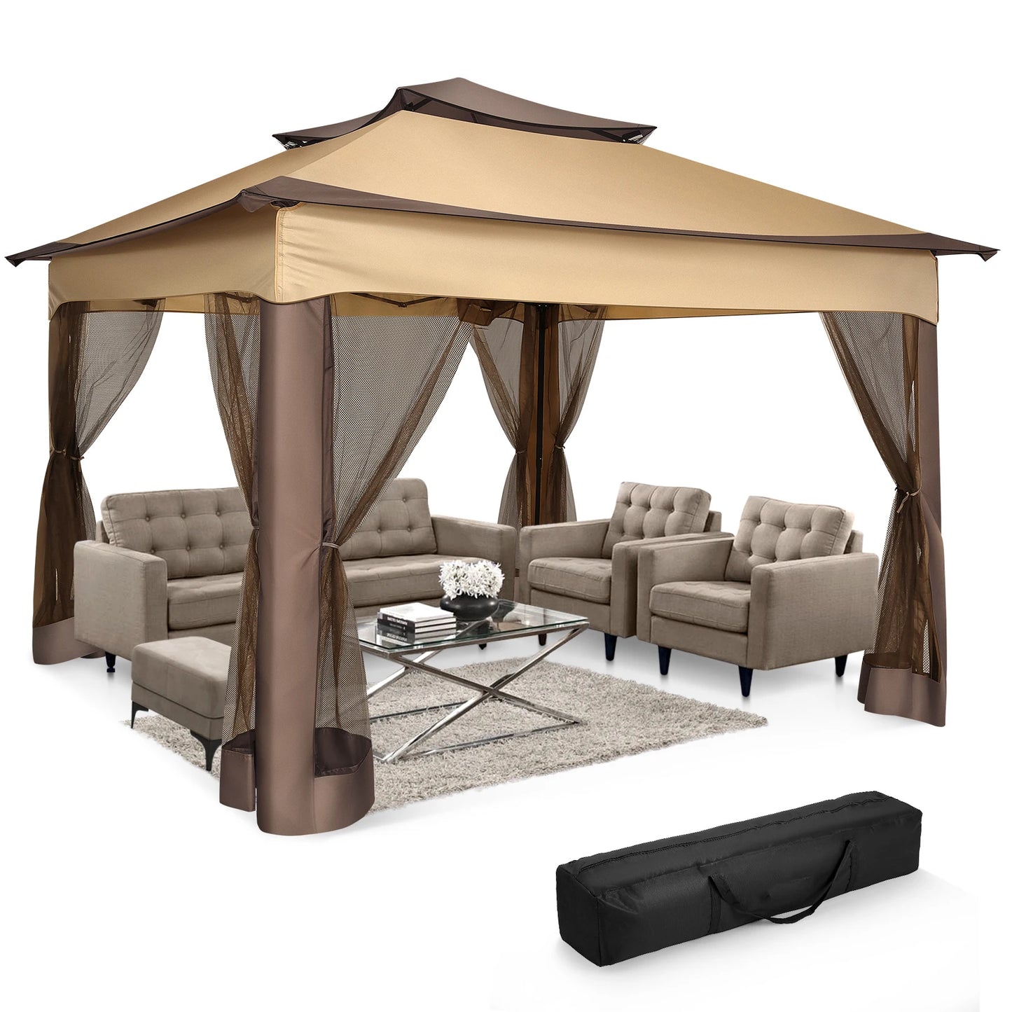 Pop Up Gazebo 12x12 Backyard Canopy Tent with Mosquito Netting Steel Frame Portable Event Shelter