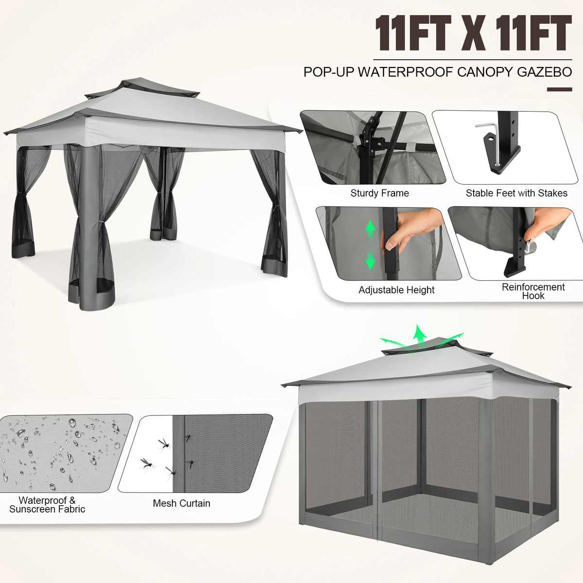 Pop Up Gazebo 12x12 Backyard Canopy Tent with Mosquito Netting Steel Frame Portable Event Shelter