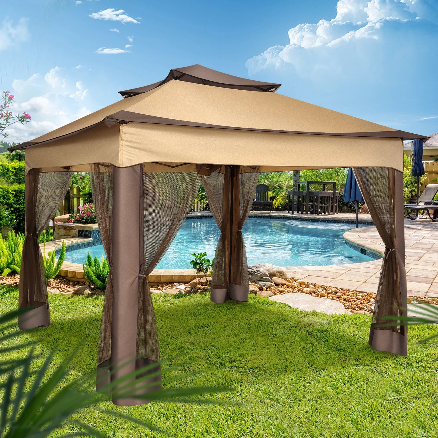 Pop Up Gazebo 12x12 Backyard Canopy Tent with Mosquito Netting Steel Frame Portable Event Shelter