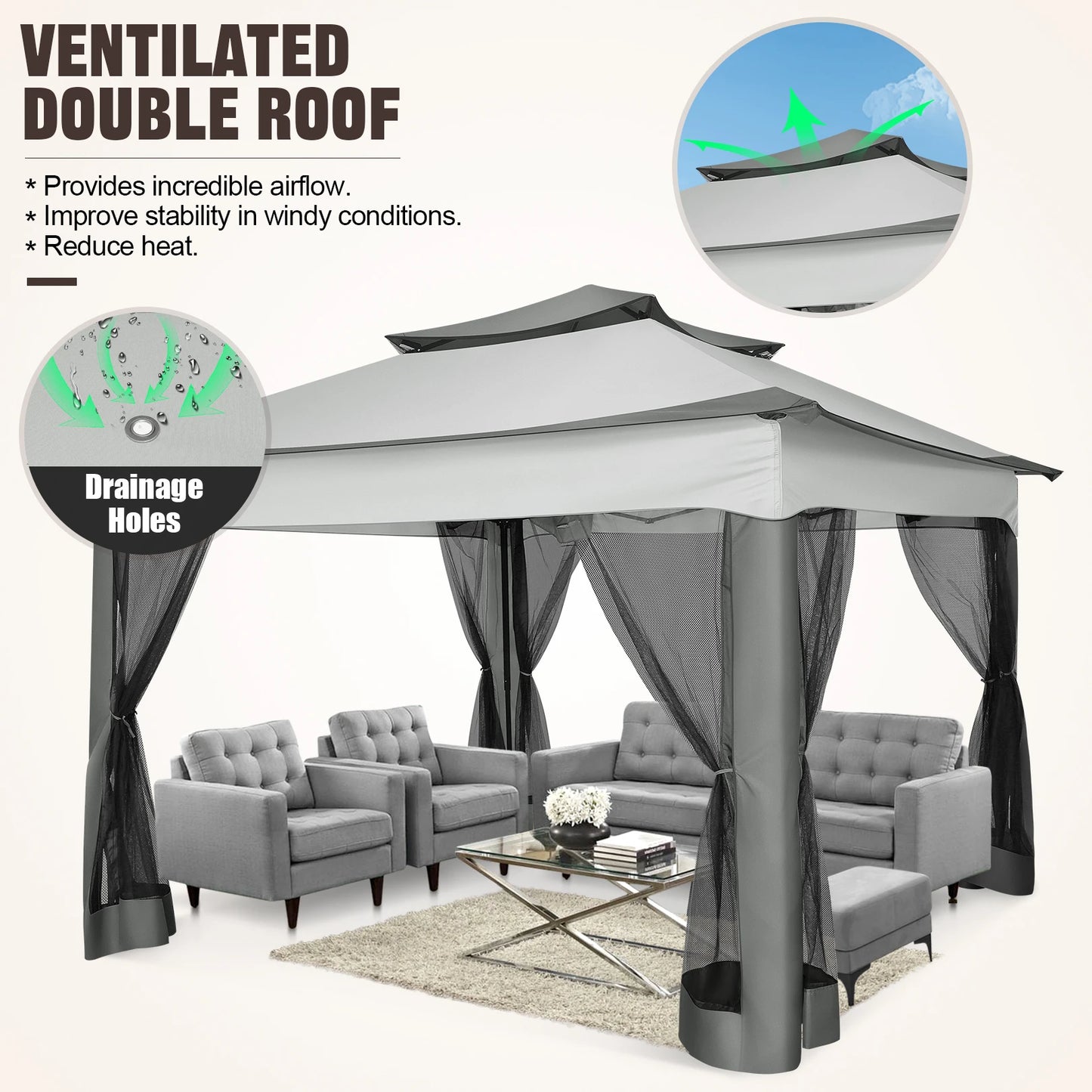 Pop Up Gazebo 12x12 Backyard Canopy Tent with Mosquito Netting Steel Frame Portable Event Shelter