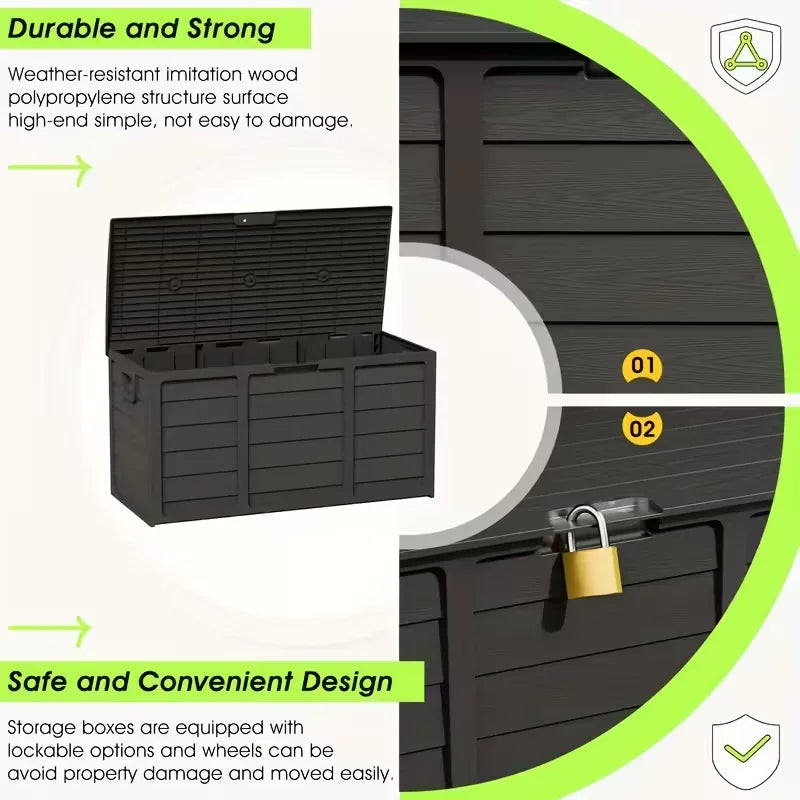 Outdoor Deck Box With Lockable Lid And Heavy Duty Hinged Door White And Green Plastic Storage Container