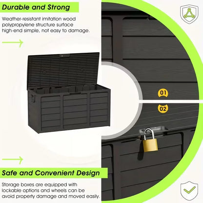 Outdoor Deck Box With Lockable Lid And Heavy Duty Hinged Door White And Green Plastic Storage Container