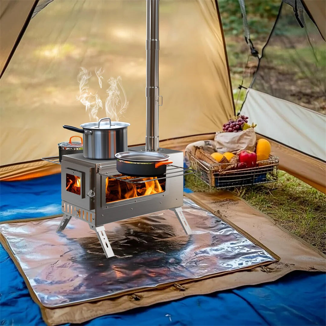 Portable Wood Stove Tent Wood Burning Stove Camping Wood Stove with Chimney Pipes Stainless Steel Backpacking Tent Log Burner Heater