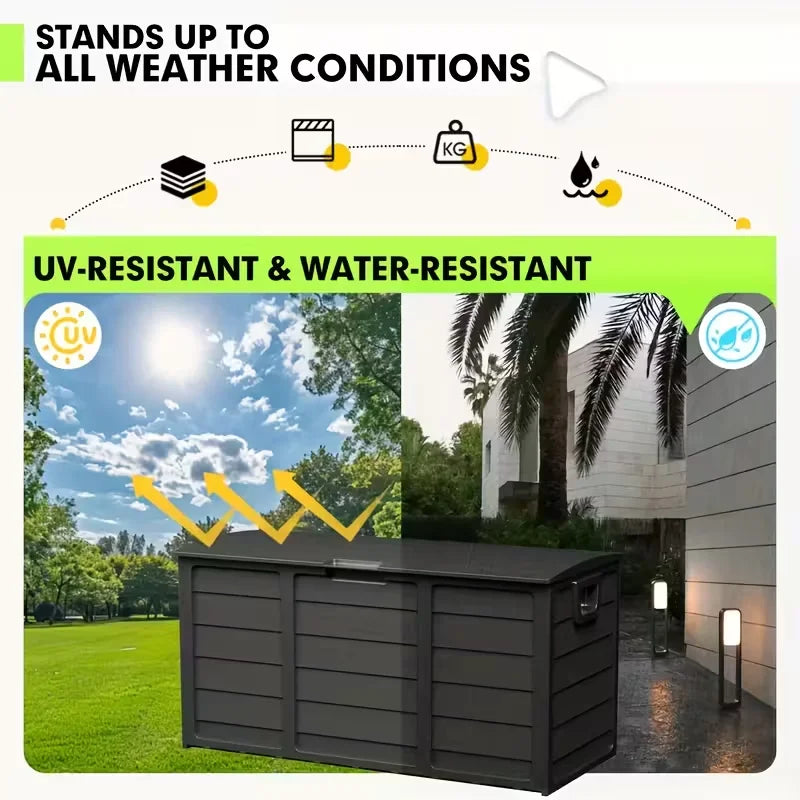 Outdoor Deck Box With Lockable Lid And Heavy Duty Hinged Door White And Green Plastic Storage Container
