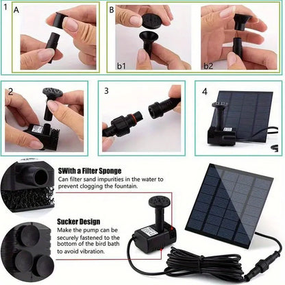 Outdoor Fountain Solar Floating Water Pump with 6 Spray Nozzles for Garden Pond and Bird Bath