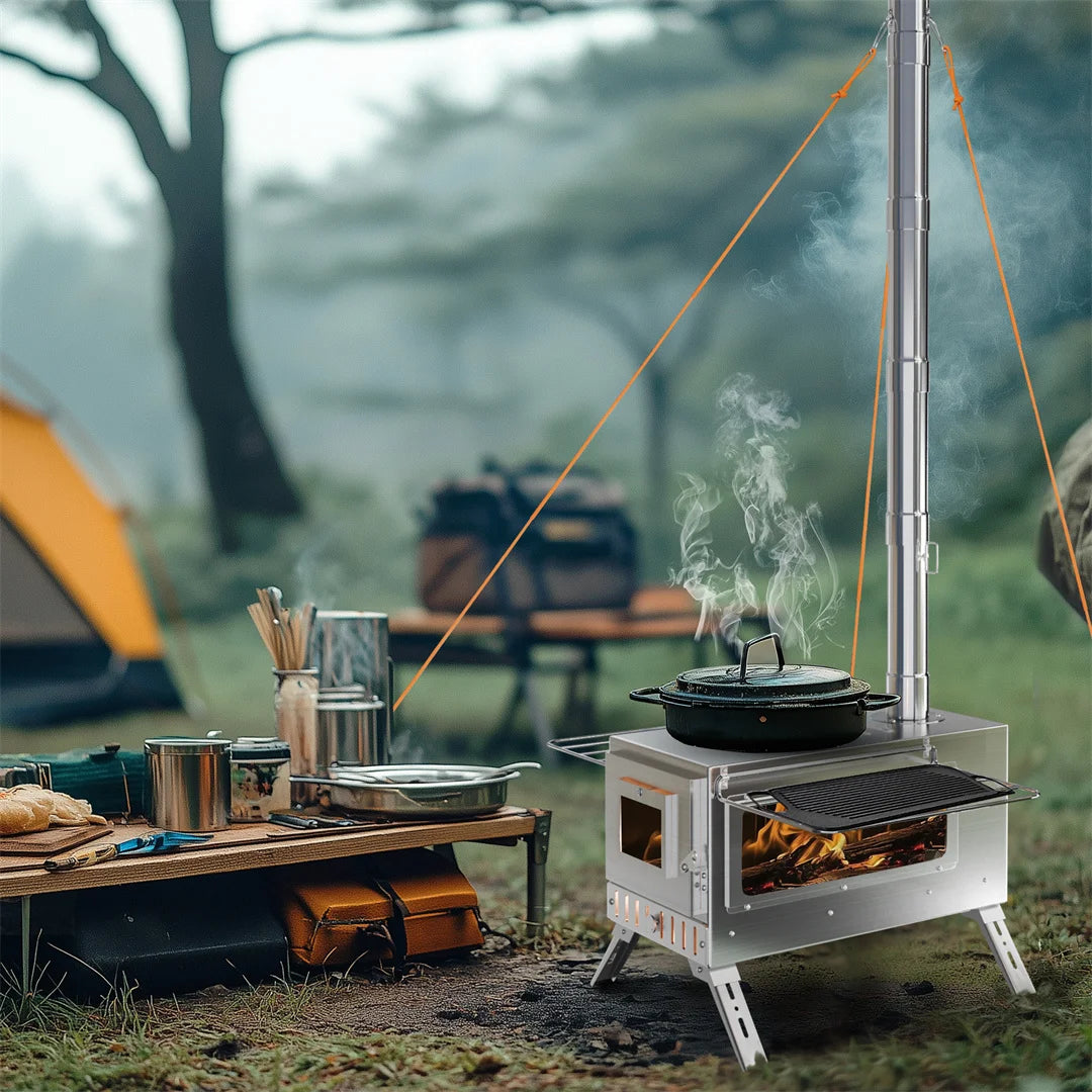 Portable Wood Stove Tent Wood Burning Stove Camping Wood Stove with Chimney Pipes Stainless Steel Backpacking Tent Log Burner Heater