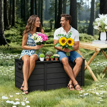 Outdoor Deck Box With Lockable Lid And Heavy Duty Hinged Door White And Green Plastic Storage Container