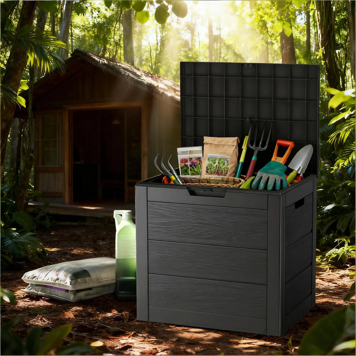 Outdoor Deck Box With Lockable Lid And Heavy Duty Hinged Door White And Green Plastic Storage Container