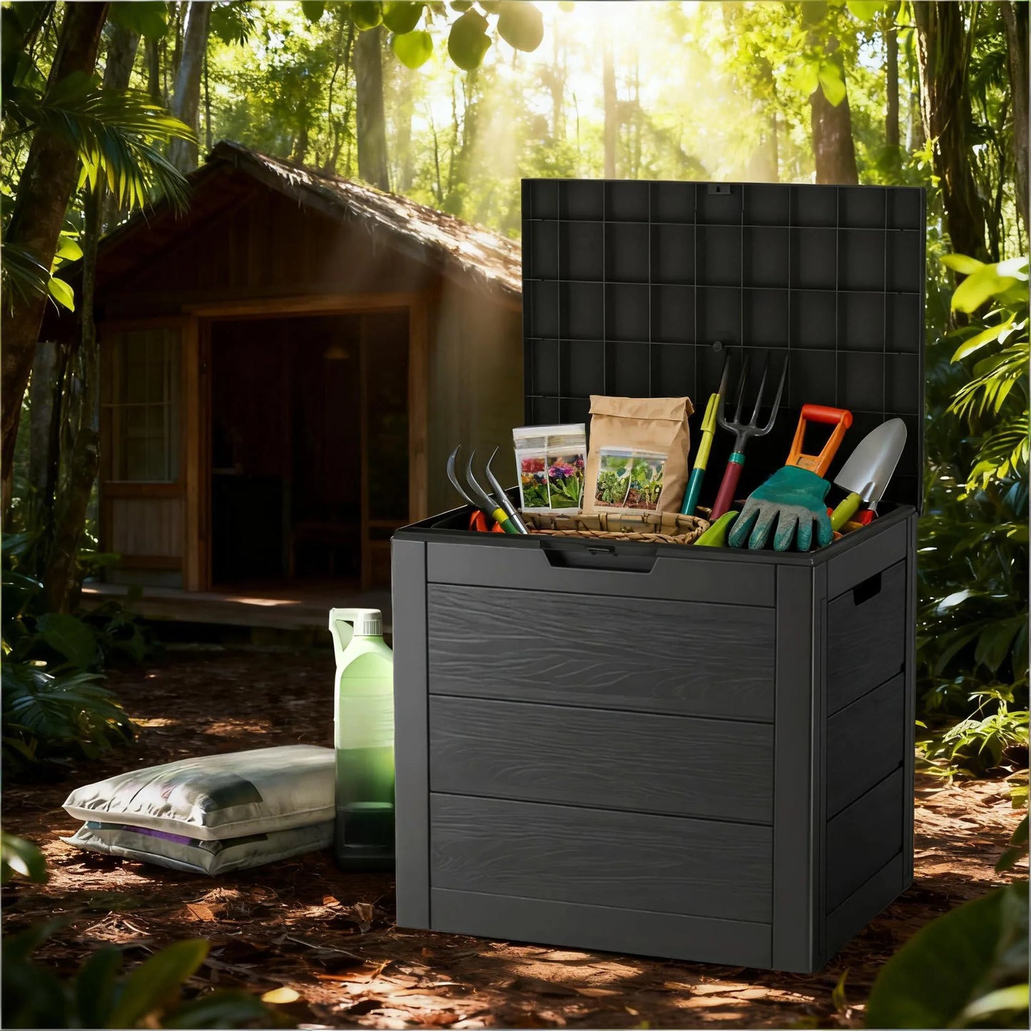 Outdoor Deck Box With Lockable Lid And Heavy Duty Hinged Door White And Green Plastic Storage Container