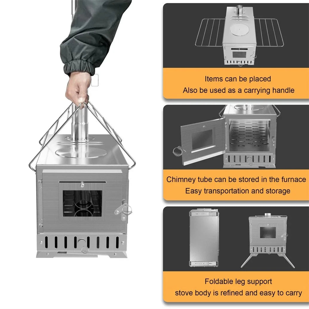 Portable Wood Stove Tent Wood Burning Stove Camping Wood Stove with Chimney Pipes Stainless Steel Backpacking Tent Log Burner Heater