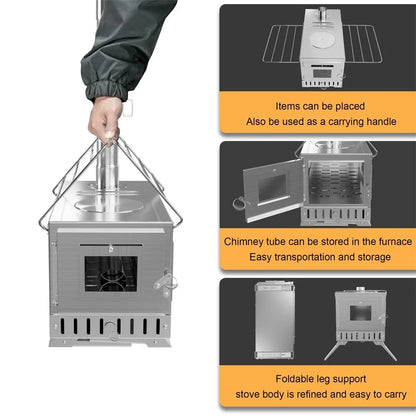 Portable Wood Stove Tent Wood Burning Stove Camping Wood Stove with Chimney Pipes Stainless Steel Backpacking Tent Log Burner Heater