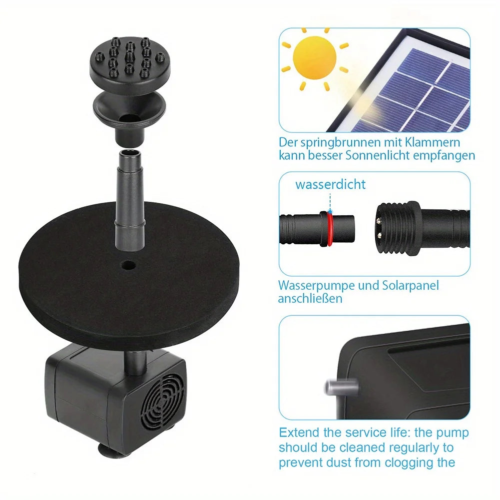 Outdoor Fountain Solar Floating Water Pump with 6 Spray Nozzles for Garden Pond and Bird Bath