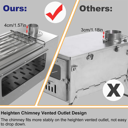 Portable Wood Stove Tent Wood Burning Stove Camping Wood Stove with Chimney Pipes Stainless Steel Backpacking Tent Log Burner Heater