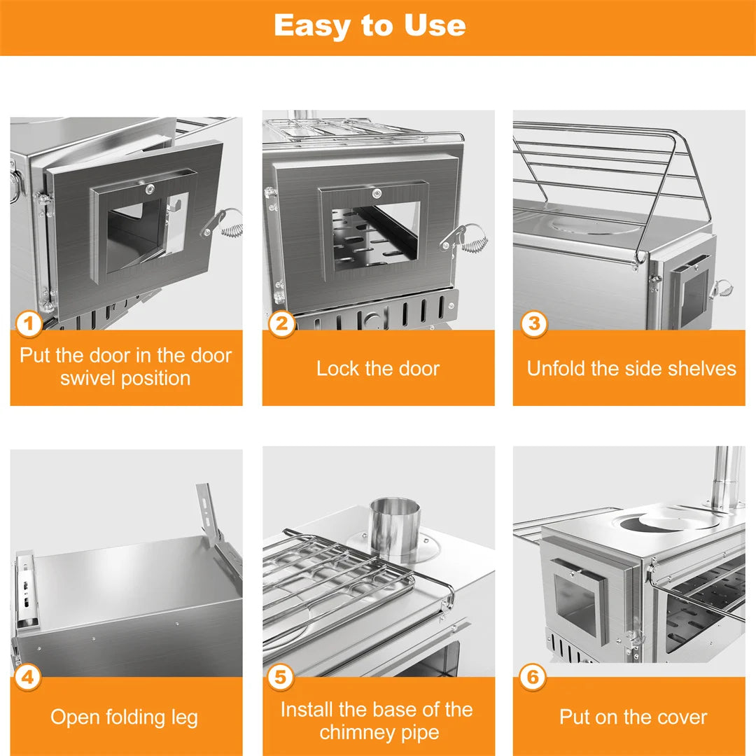 Portable Wood Stove Tent Wood Burning Stove Camping Wood Stove with Chimney Pipes Stainless Steel Backpacking Tent Log Burner Heater