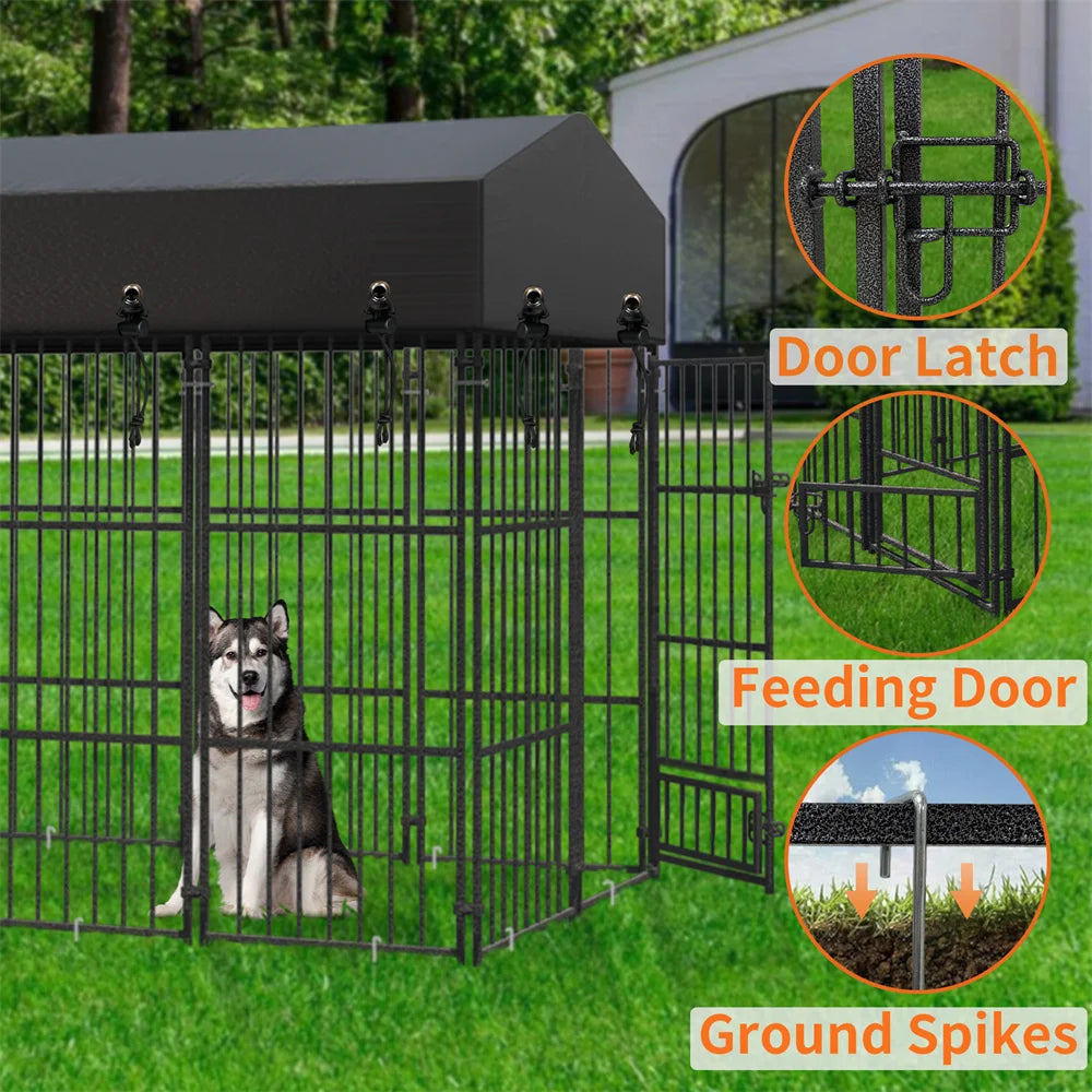 Outdoor Dog Kennel Heavy-Duty Metal Dog Enclosure with Weatherproof Roof