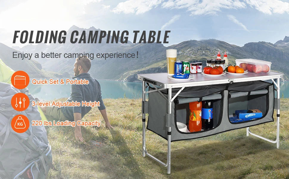Folding Camping Table Foldable Collapsible Camping Table Light Weight Folding Table Campground Cooking Side Table with Storage