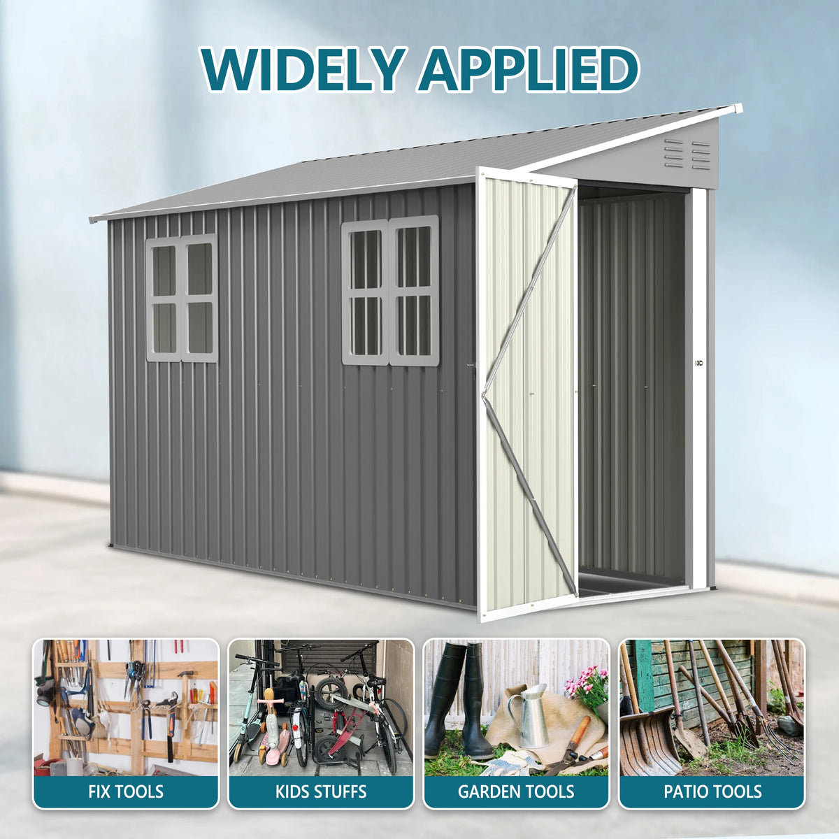 Backyard Storage Shed Outdoor Metal Tool Shed with Lockable Door and Window Sloping Roof Metal Backyard Shed for Garden Office and Storage