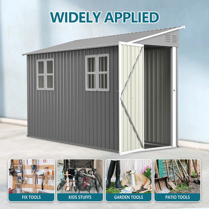 Backyard Storage Shed Outdoor Metal Tool Shed with Lockable Door and Window Sloping Roof Metal Backyard Shed for Garden Office and Storage