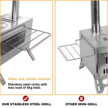 Portable Wood Stove Tent Wood Burning Stove Camping Wood Stove with Chimney Pipes Stainless Steel Backpacking Tent Log Burner Heater