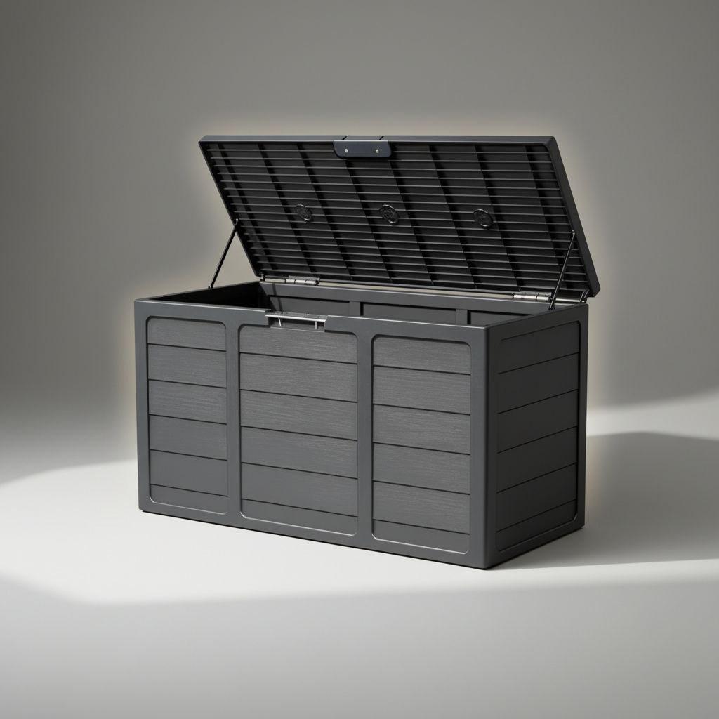 Outdoor Deck Box With Lockable Lid And Heavy Duty Hinged Door White And Green Plastic Storage Container