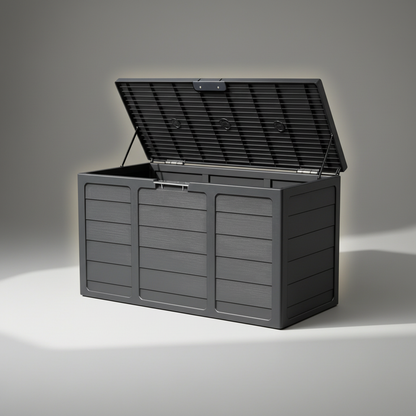 Outdoor Deck Box With Lockable Lid And Heavy Duty Hinged Door White And Green Plastic Storage Container