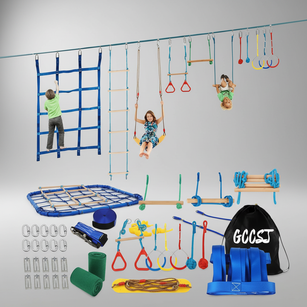 Backyard Ninja Obstacle Course Adjustable Kids Training Set with Monkey Bars and Climbing Obstacles