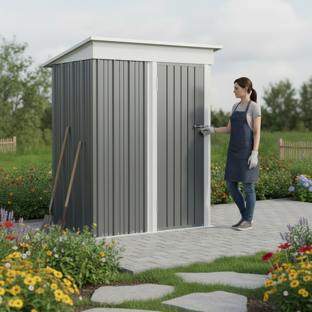 Outdoor Storage Shed With Sloping Roof And Lockable Door Metal Shed For Backyard Garden Patio Lawn
