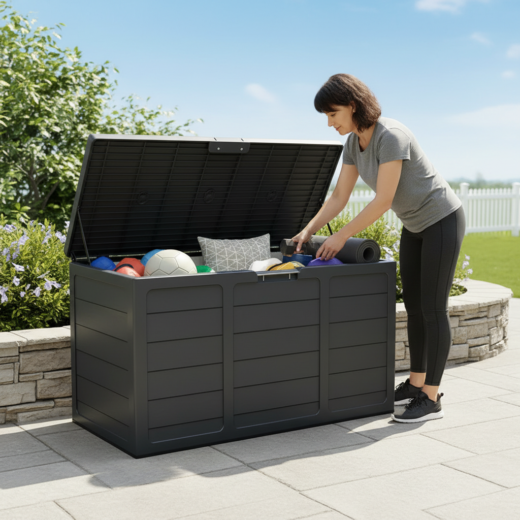 Outdoor Deck Box With Lockable Lid And Heavy Duty Hinged Door White And Green Plastic Storage Container