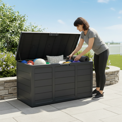 Outdoor Deck Box With Lockable Lid And Heavy Duty Hinged Door White And Green Plastic Storage Container