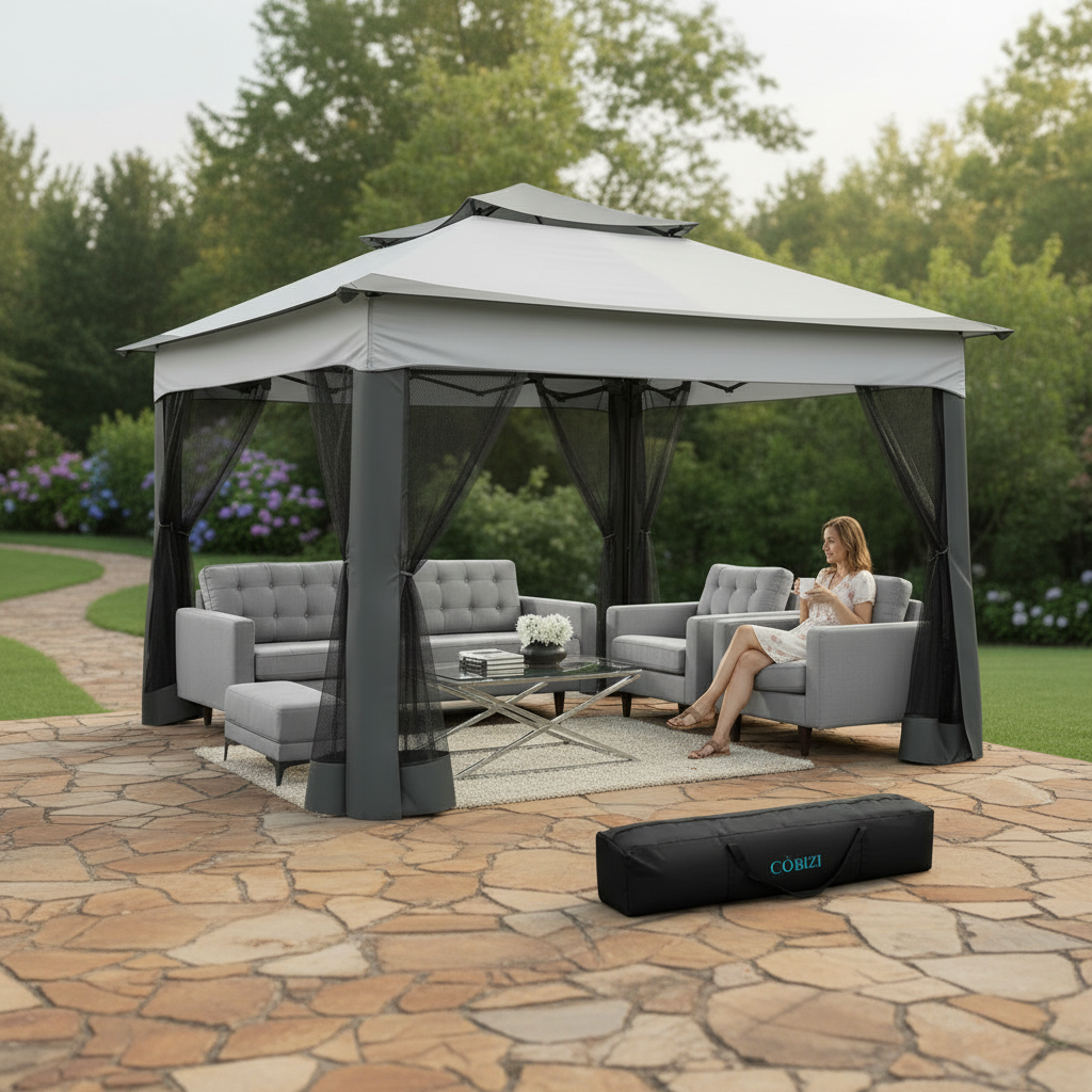 Pop Up Gazebo 12x12 Backyard Canopy Tent with Mosquito Netting Steel Frame Portable Event Shelter