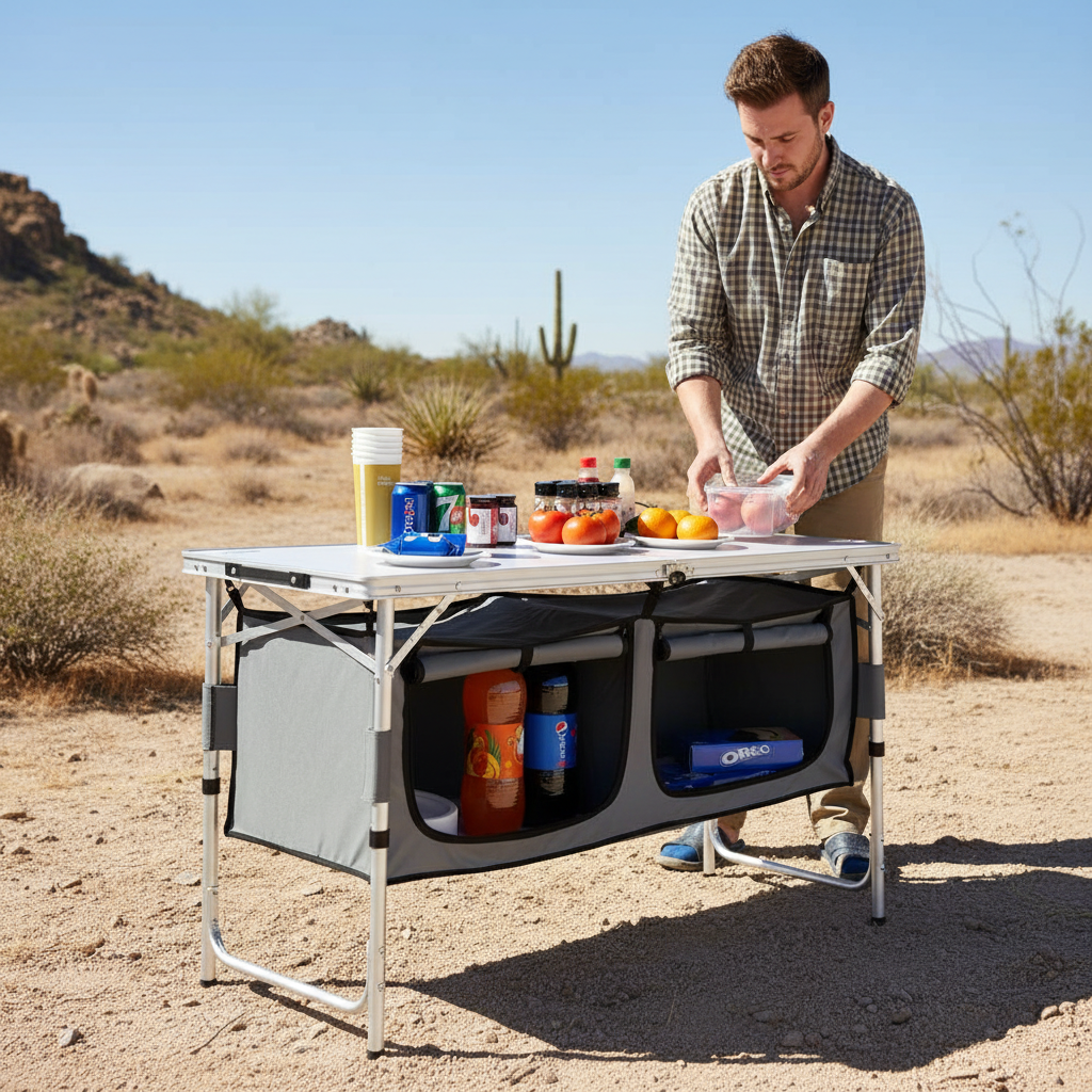 Folding Camping Table Foldable Collapsible Camping Table Light Weight Folding Table Campground Cooking Side Table with Storage