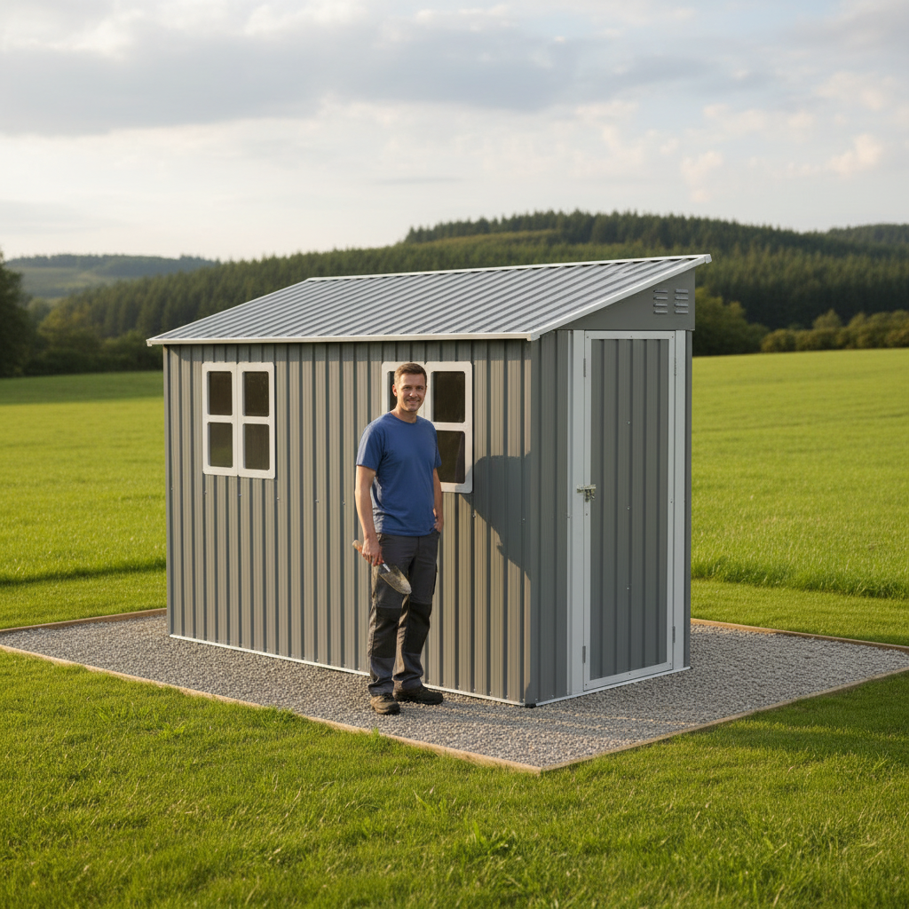 Backyard Storage Shed Outdoor Metal Tool Shed with Lockable Door and Window Sloping Roof Metal Backyard Shed for Garden Office and Storage