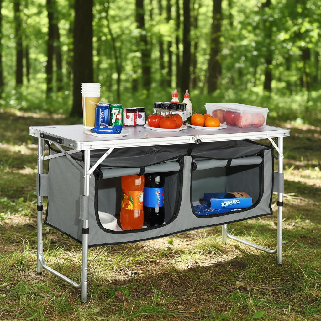 Folding Camping Table Foldable Collapsible Camping Table Light Weight Folding Table Campground Cooking Side Table with Storage