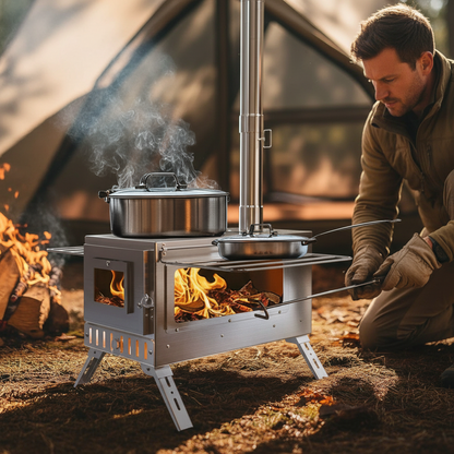 Portable Wood Stove Tent Wood Burning Stove Camping Wood Stove with Chimney Pipes Stainless Steel Backpacking Tent Log Burner Heater