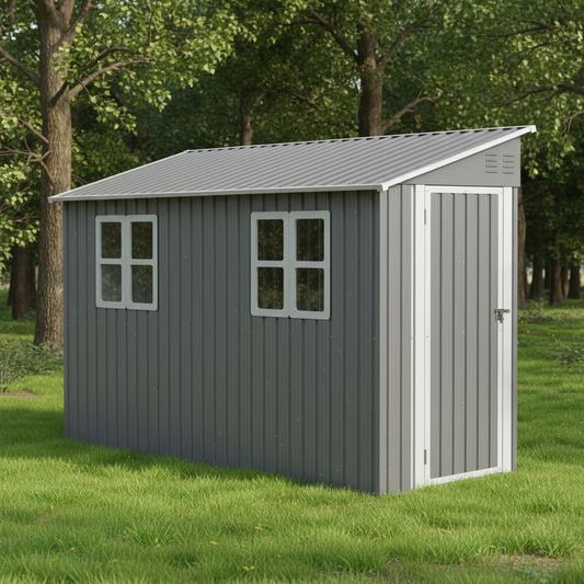 Backyard Storage Shed Outdoor Metal Tool Shed with Lockable Door and Window Sloping Roof Metal Backyard Shed for Garden Office and Storage