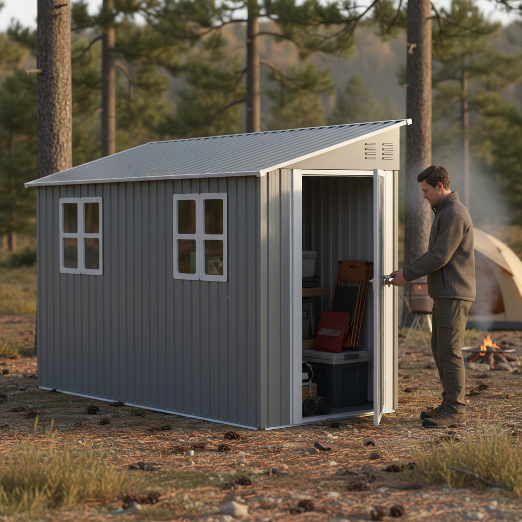 Backyard Storage Shed Outdoor Metal Tool Shed with Lockable Door and Window Sloping Roof Metal Backyard Shed for Garden Office and Storage