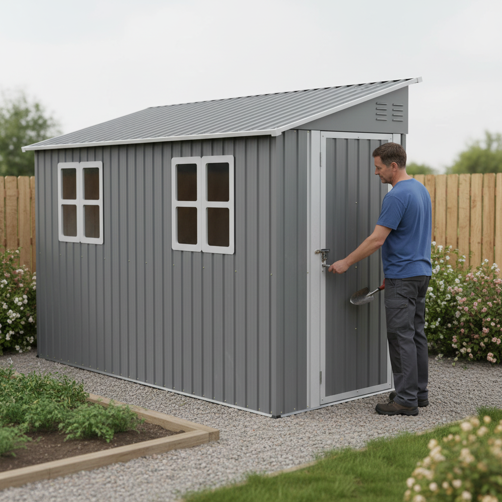 Backyard Storage Shed Outdoor Metal Tool Shed with Lockable Door and Window Sloping Roof Metal Backyard Shed for Garden Office and Storage