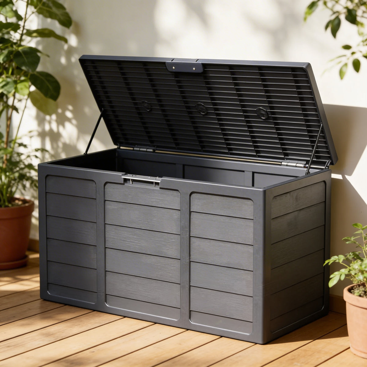 Outdoor Deck Box With Lockable Lid And Heavy Duty Hinged Door White And Green Plastic Storage Container