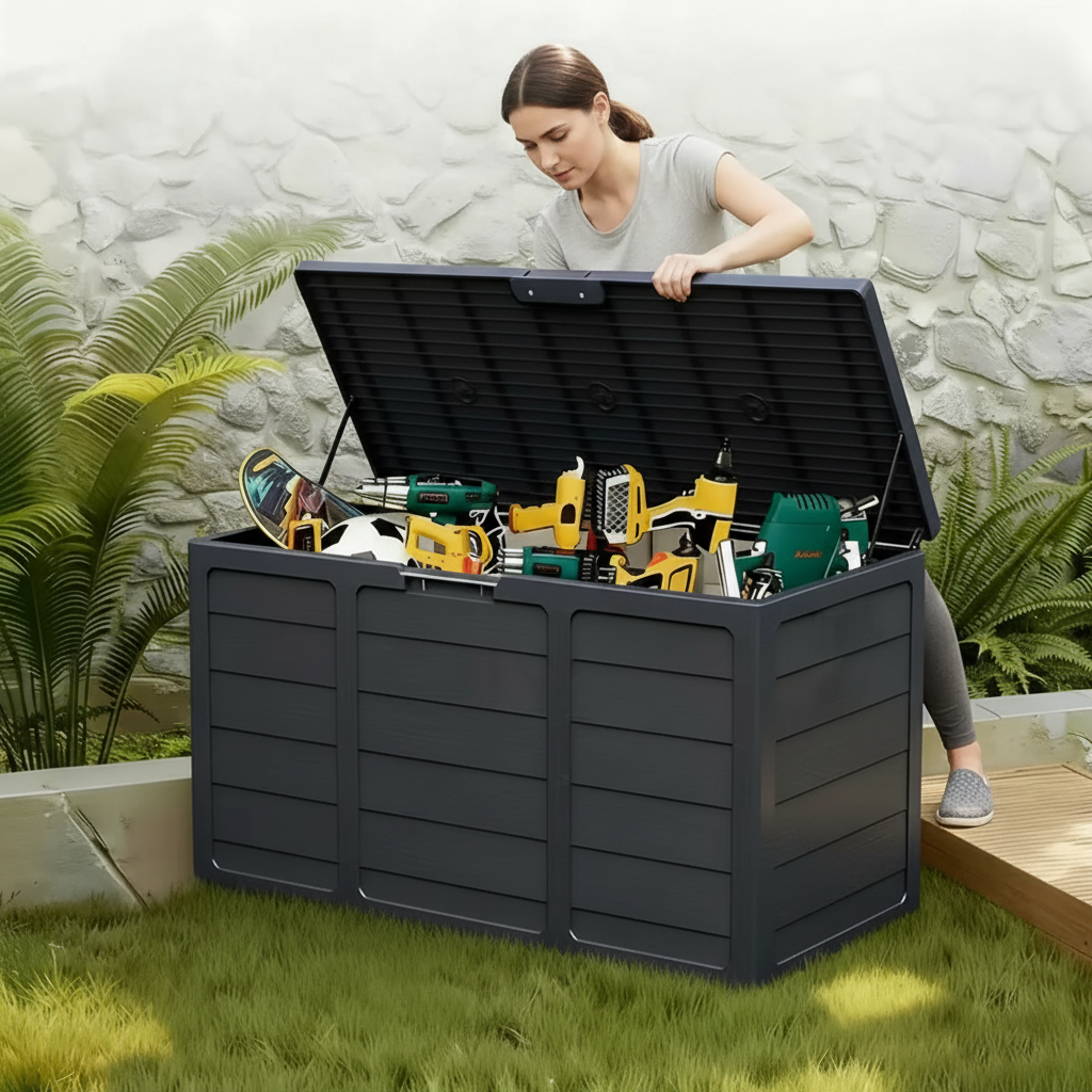 Outdoor Deck Box With Lockable Lid And Heavy Duty Hinged Door White And Green Plastic Storage Container