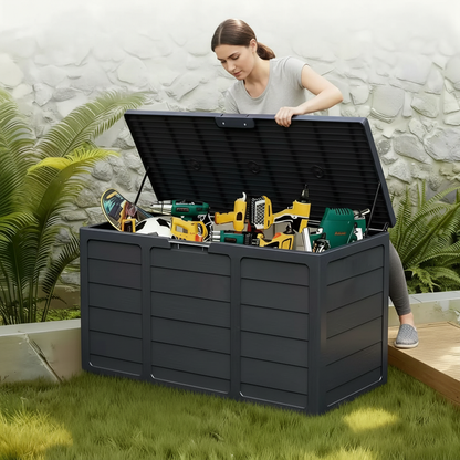 Outdoor Deck Box With Lockable Lid And Heavy Duty Hinged Door White And Green Plastic Storage Container