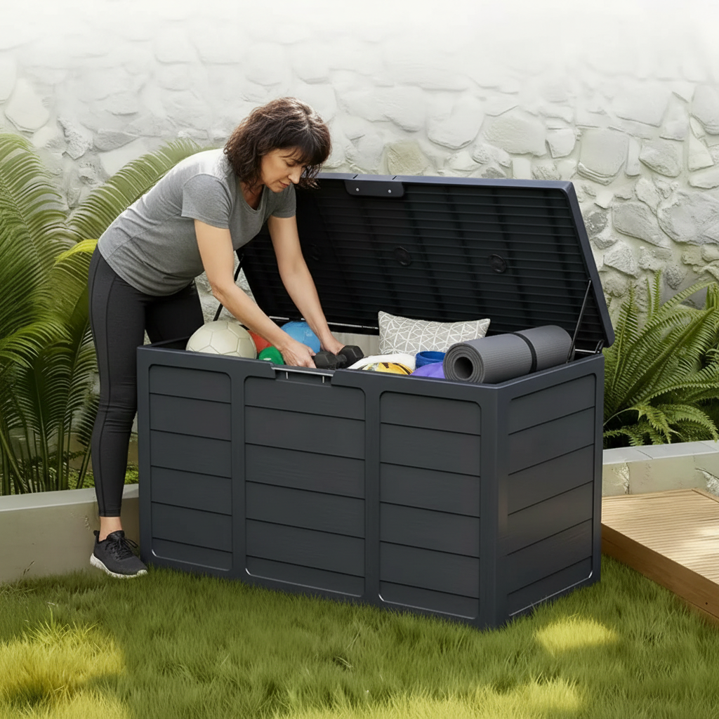 Outdoor Deck Box With Lockable Lid And Heavy Duty Hinged Door White And Green Plastic Storage Container