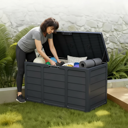 Outdoor Deck Box With Lockable Lid And Heavy Duty Hinged Door White And Green Plastic Storage Container