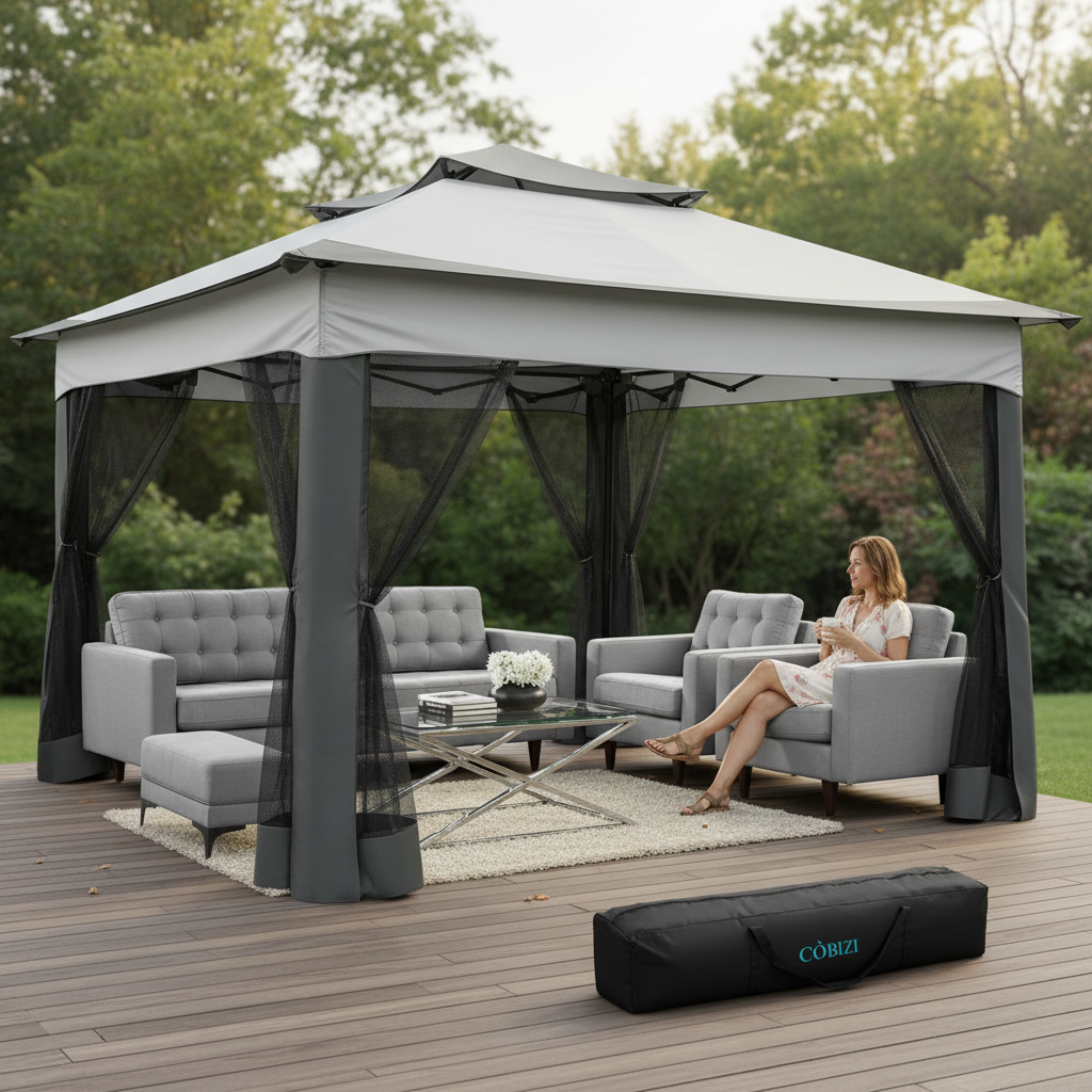 Pop Up Gazebo 12x12 Backyard Canopy Tent with Mosquito Netting Steel Frame Portable Event Shelter