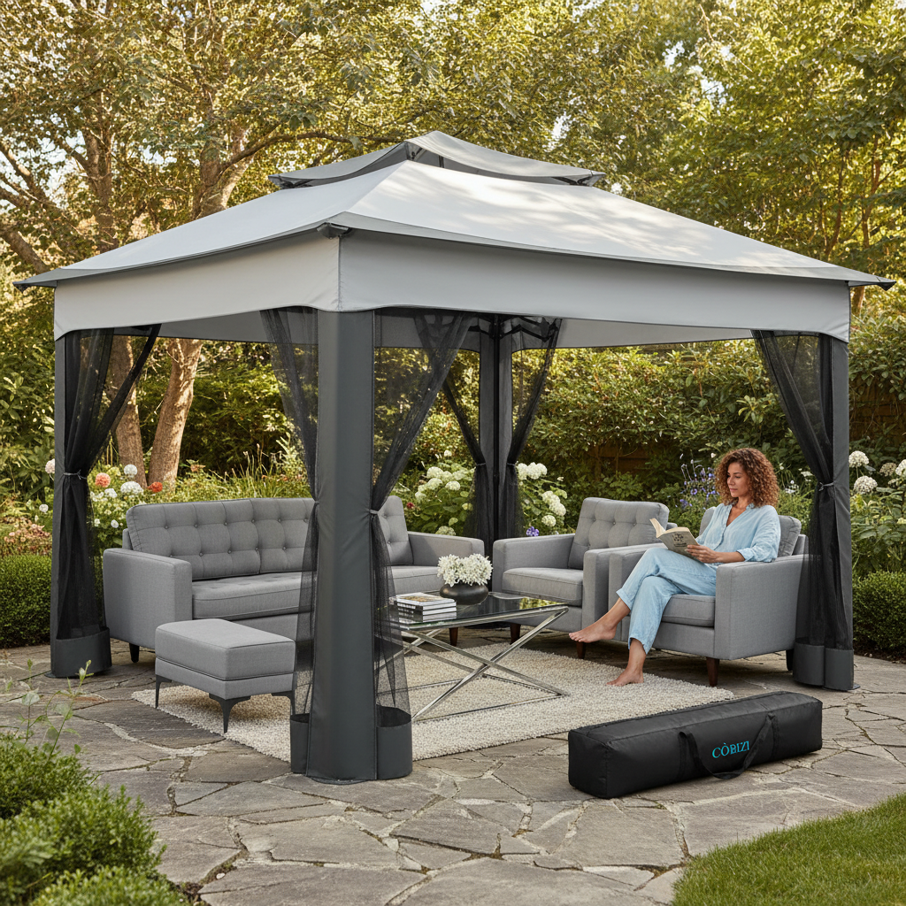Pop Up Gazebo 12x12 Backyard Canopy Tent with Mosquito Netting Steel Frame Portable Event Shelter
