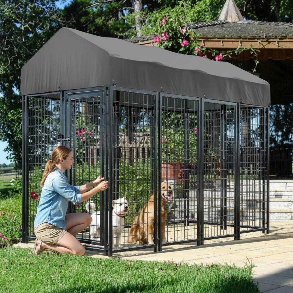Outdoor Dog Kennel Heavy-Duty Metal Dog Enclosure with Weatherproof Roof
