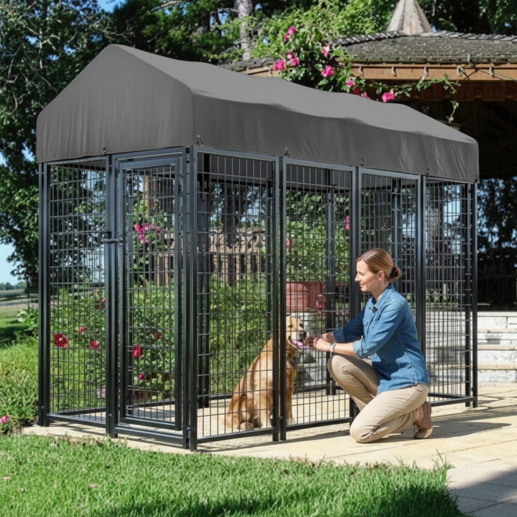 Outdoor Dog Kennel Heavy-Duty Metal Dog Enclosure with Weatherproof Roof