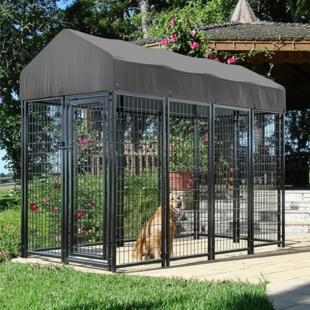 Outdoor Dog Kennel Heavy-Duty Metal Dog Enclosure with Weatherproof Roof